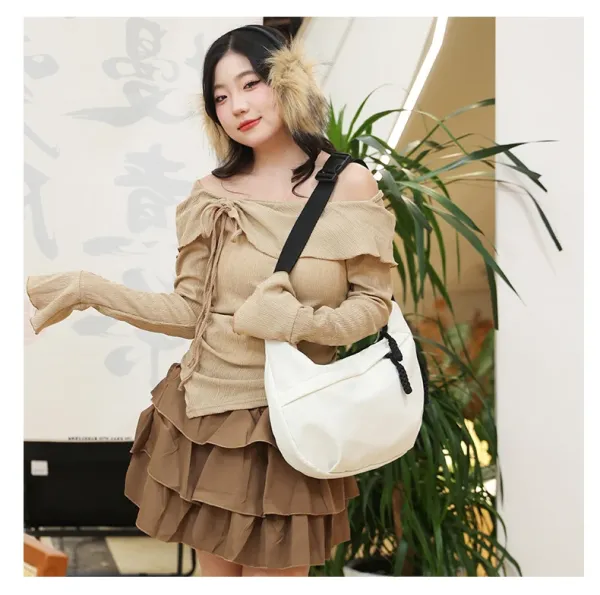 Design Canvas Hobo Bag Beige with Black Straps Shoulder Bag - 36