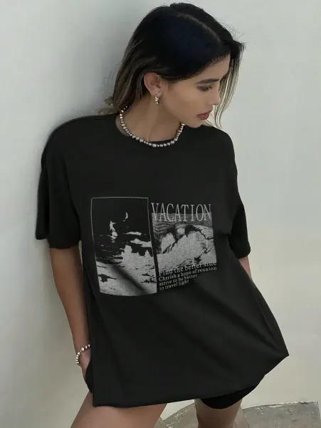 Design Vacation Print Oversized T-Shirt Charcoal Gray T-Shirt - 11