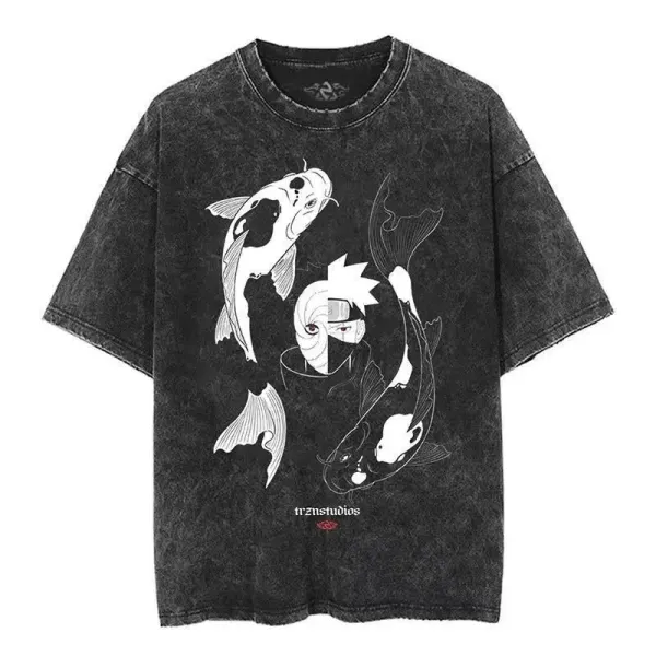 Design TRZN Studios Koi Fish & Ninja Graphic Washed Black T-Shirt T-Shirts - 1