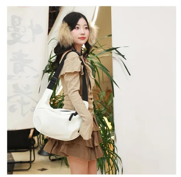 Design Canvas Hobo Bag Beige with Black Straps Shoulder Bag - 38