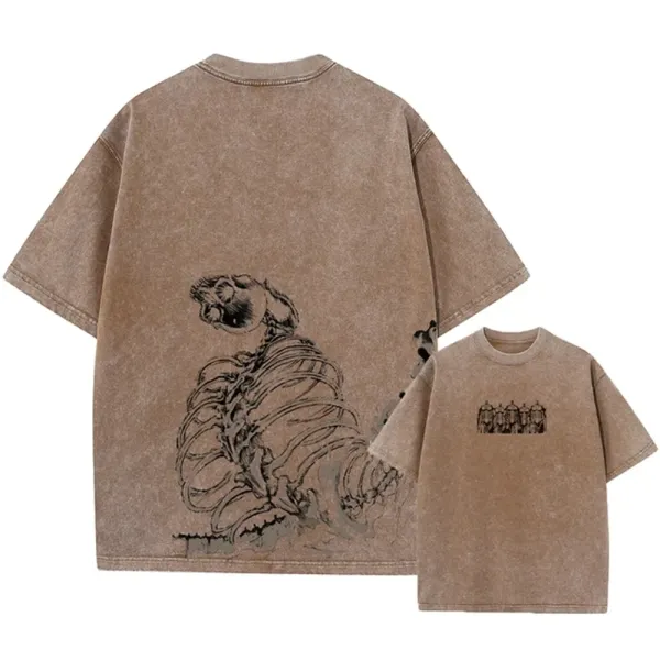 Design Skeleton Print Washed Brown T-Shirt - 1