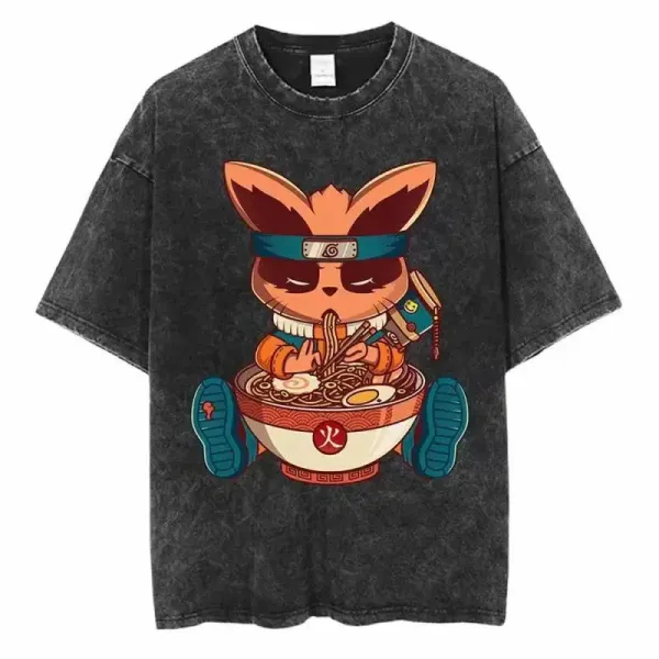 Design Naruto Ramen Fox Graphic Acid Wash T-Shirt - 1