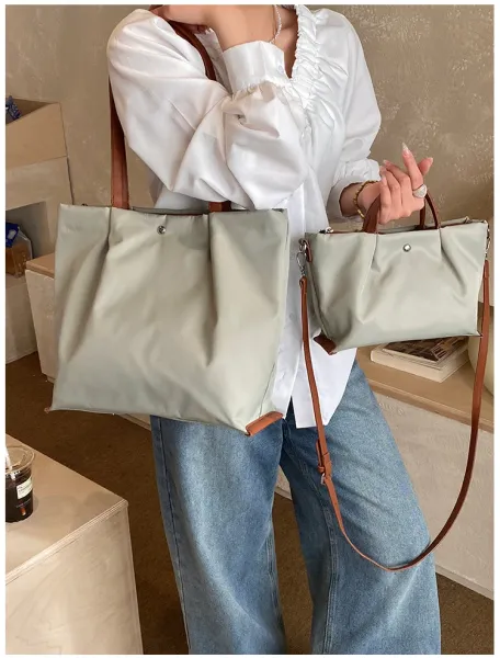 Design Tote Bag White with Brown Leather Handles - 33