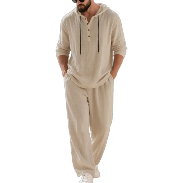 Design Linen Hooded Henley Set Beige Casual Set - 51