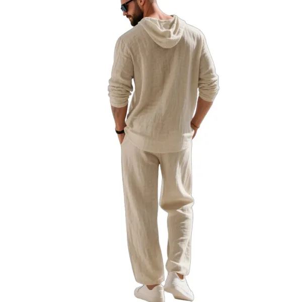 Design Linen Hooded Henley Set Beige Casual Set - 52