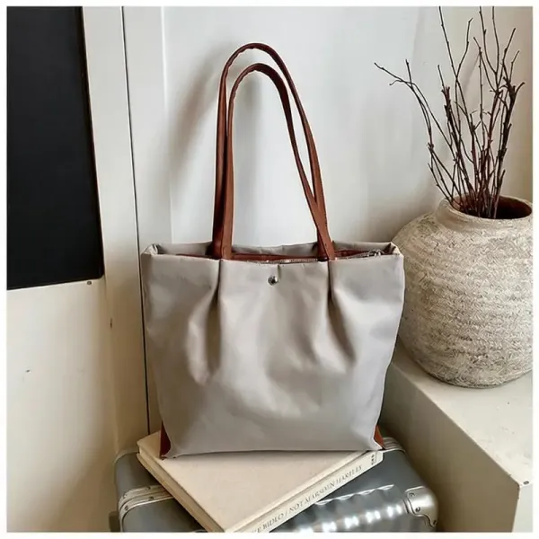 Design Tote Bag Beige with Brown Leather Handles Handbag - 1