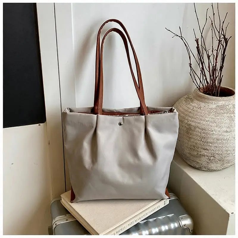 Minimalist Cream Canvas Tote with Brown Leather Trim Handbag