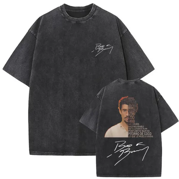 Design Bad Bunny Signature Graphic Washed Black T-Shirt - 1