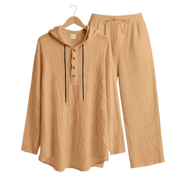 Design Linen Hooded Henley Set Beige Casual Set - 60