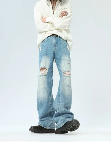 Design Distressed Wide-Leg Jeans Blue - 1