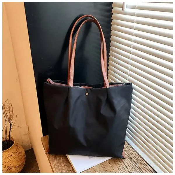 Design Tote Bag Black with Brown Leather Handles - 1