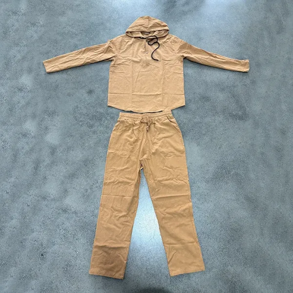 Design Linen Hooded Henley Set Beige Casual Set - 63
