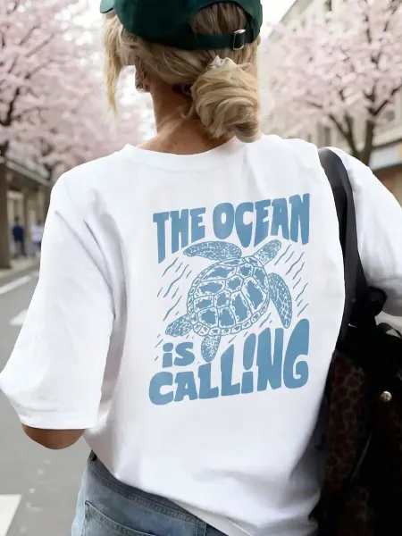 Design 'The Ocean Is Calling' Sea Turtle Graphic Oversized T-Shirt Light Blue - 12
