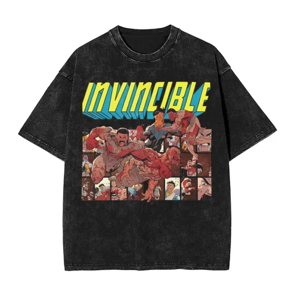 Design Invincible Comic Print Acid Wash Black T-Shirt T-Shirts - 1