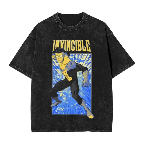 Design Invincible Comic Graphic Print Acid Wash Black T-Shirt T-Shirts - 1
