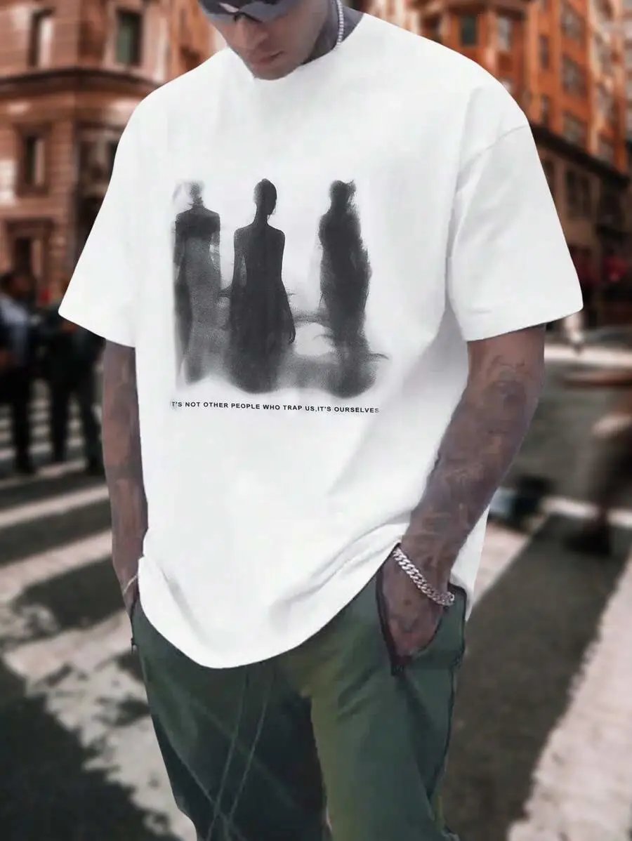 Design Abstract Figure Print Black Oversized T-Shirt - 9