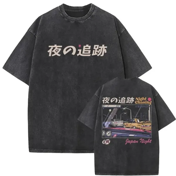 Design Night Chasing Graphic Washed Black T-Shirt - 1