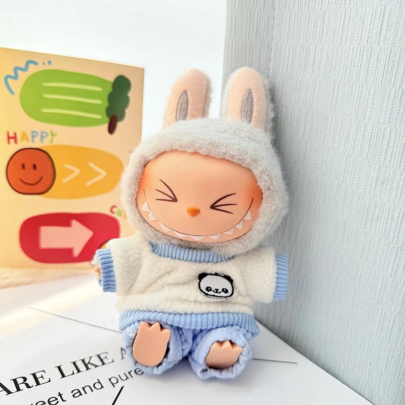 Pop Mart Labubu Bunny Hooded Plush Doll Beige Blue Collectible Toy Accessories