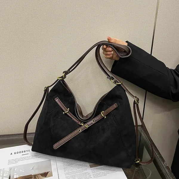 Design Suede Hobo Bag with Brown Leather Trim Black - 1