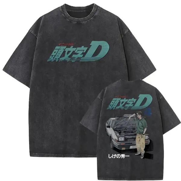 Design Initial D Graphic Print Washed Black T-Shirt T-Shirts - 1