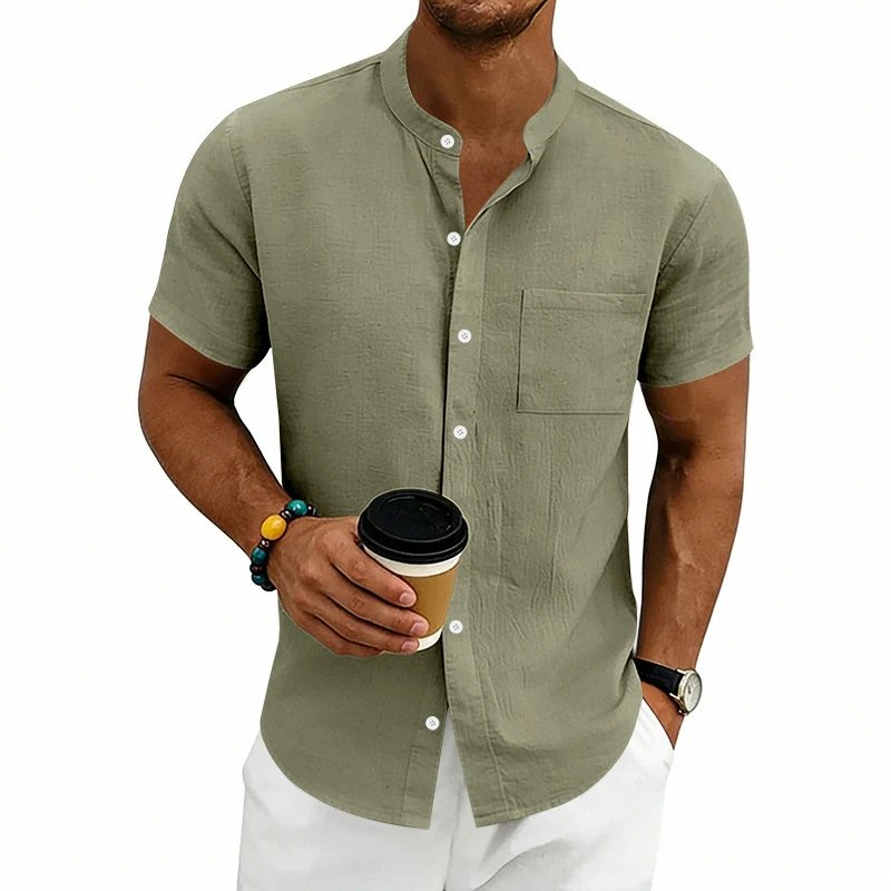 Design Mandarin Collar Short Sleeve Shirt Gray Tops Shirt - 30