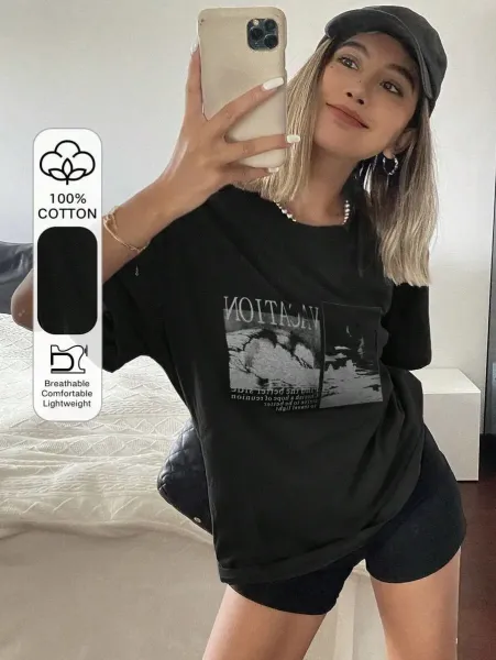 Design Vacation Print Oversized T-Shirt Charcoal Gray T-Shirt - 7