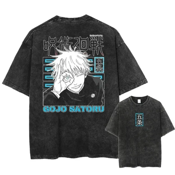 Design Jujutsu Kaisen Gojo Satoru Washed Black Graphic T-Shirt T-Shirts - 1