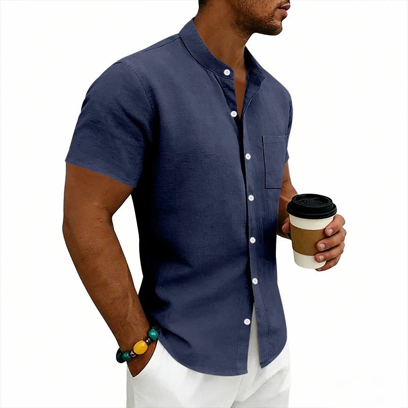 Design Mandarin Collar Short Sleeve Shirt Gray Tops Shirt - 46