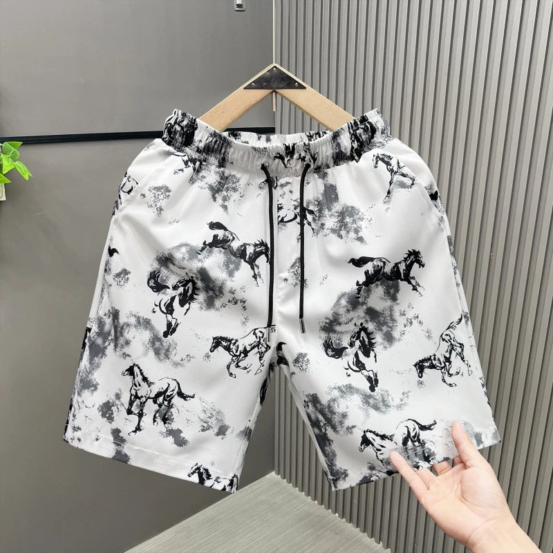 Horse Print Drawstring Shorts White Multicolor
