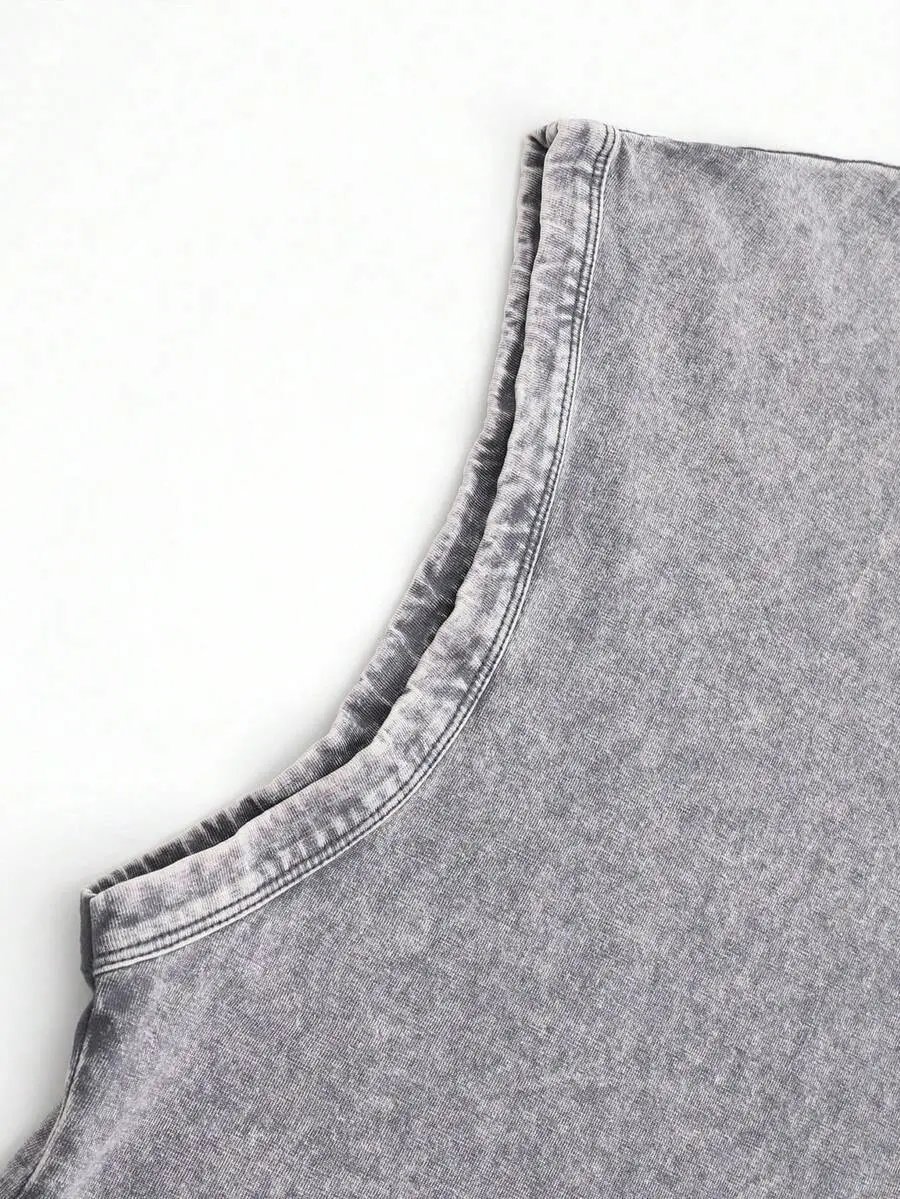 Design Sleeveless Graphic Tee Gray Washed Vest Top - 10