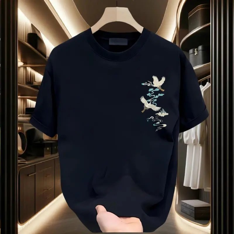 Design Crane Embroidery Black T-Shirt - 5