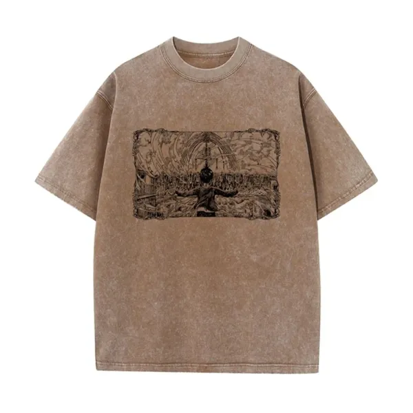 Design Graphic Print Acid Wash Brown T-Shirt - 1