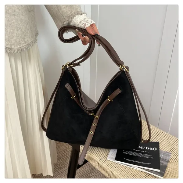 Design Suede Hobo Bag with Brown Leather Trim Black - 19