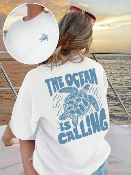 Design 'The Ocean Is Calling' Sea Turtle Graphic Oversized T-Shirt Light Blue - 7