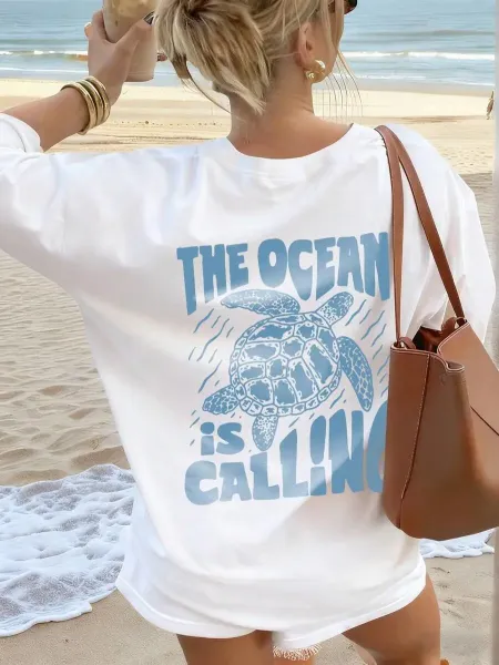Design 'The Ocean Is Calling' Sea Turtle Graphic Oversized T-Shirt Light Blue - 13