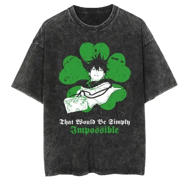 Design Anime Clover Graphic Washed Black T-Shirt - 1