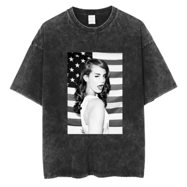 Design Vintage Washed Black T-Shirt with American Flag Print - 1
