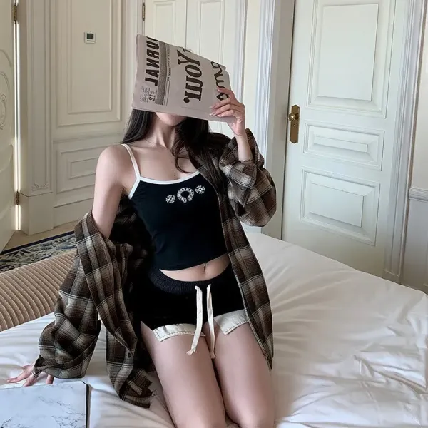 Design Plaid Oversized Shirt Black Crop Top White Trim Shorts Set Sets - 1