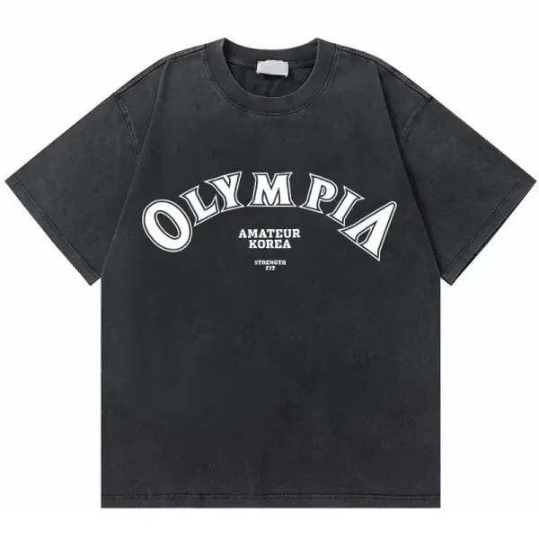 Design Olympia Amateur Korea Arch Logo Washed Black T-Shirt T-Shirts - 1