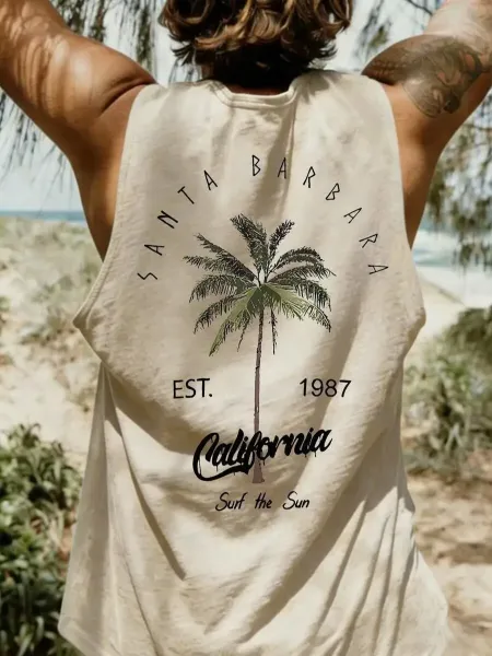 Design Santa Barbara California Palm Tree Vest Top Beige Vest Top - 8
