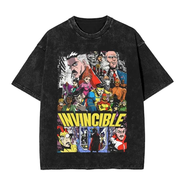 Design Invincible Comic Collage Black Acid Wash T-Shirt T-Shirts - 1