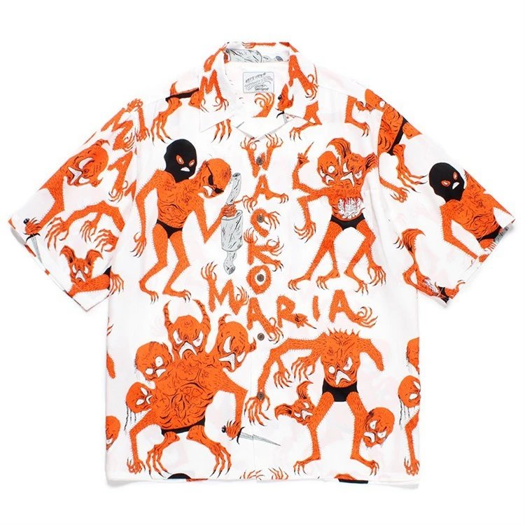 Design Wacko Maria Hawaiian Shirt Black Multicolor Graphic Print Shirt - 12