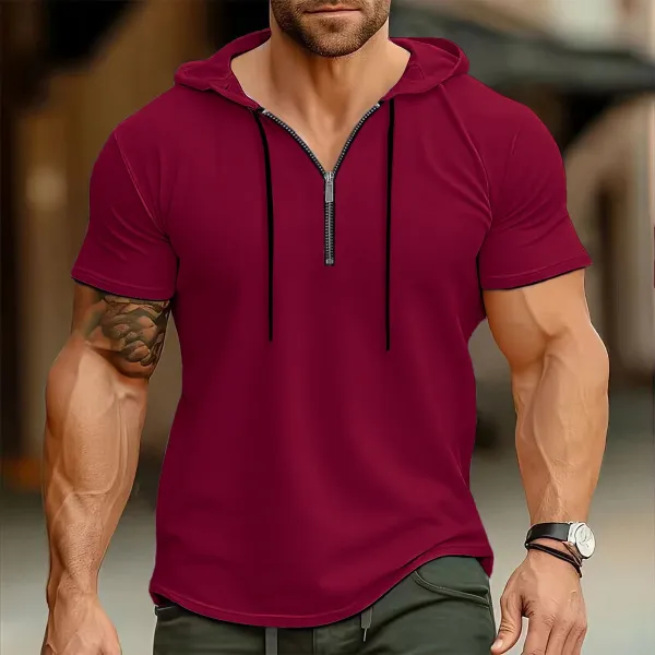 Design Short-Sleeve Zip-Front Hooded Tee Pink Hoodie - 12