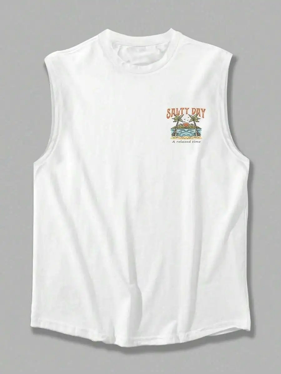 Design Salty Day Tropical Print Sleeveless Vest Yellow Vest Top - 11