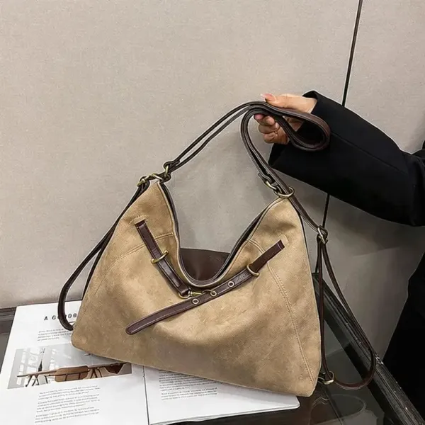 Design Vintage Suede Hobo Bag Beige and Brown Shoulder Bag - 1