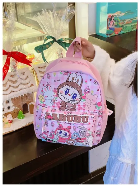 Design Labubu Pink Gingham Cartoon Print Mini Backpack - 22