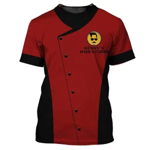 Design Kenny's Hair Studio Chef-Style Uniform Red and Black Shirt