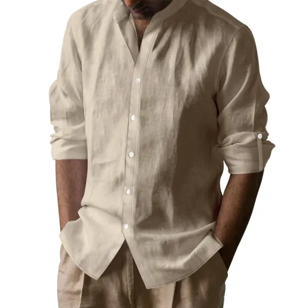 Design Linen Button-Up Shirt White Tops Shirt - 19