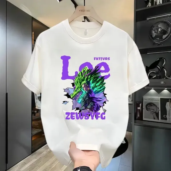 Design Graphic Print White T-Shirt with Anime-Inspired Dragon Motif - 6
