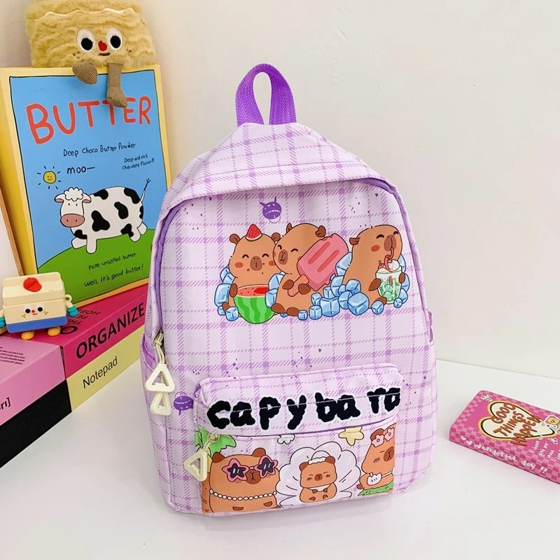Capybara Illustration Plaid Purple Casual Backpack Mini Backpack